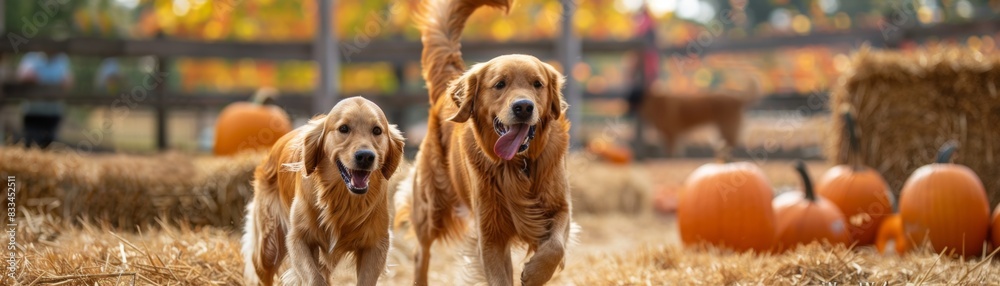 At a festive pumpkin festival a Golden retriever and blue Maine Coon navigate a maze made of hay bales At a festive pumpkin festival a Golden retriever and blue Maine Coon navigate a maze made of hay bales