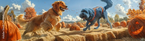 At a festive pumpkin festival a Golden retriever and blue Maine Coon navigate a maze made of hay bales photo