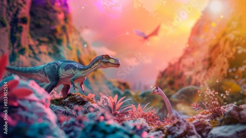 Cute dinosaurs in a colorful prehistoric landscape, Fujifilm XT3, soft focus, 55mm lens, f29, Cinematic 32k, nice background stock photo style. photo
