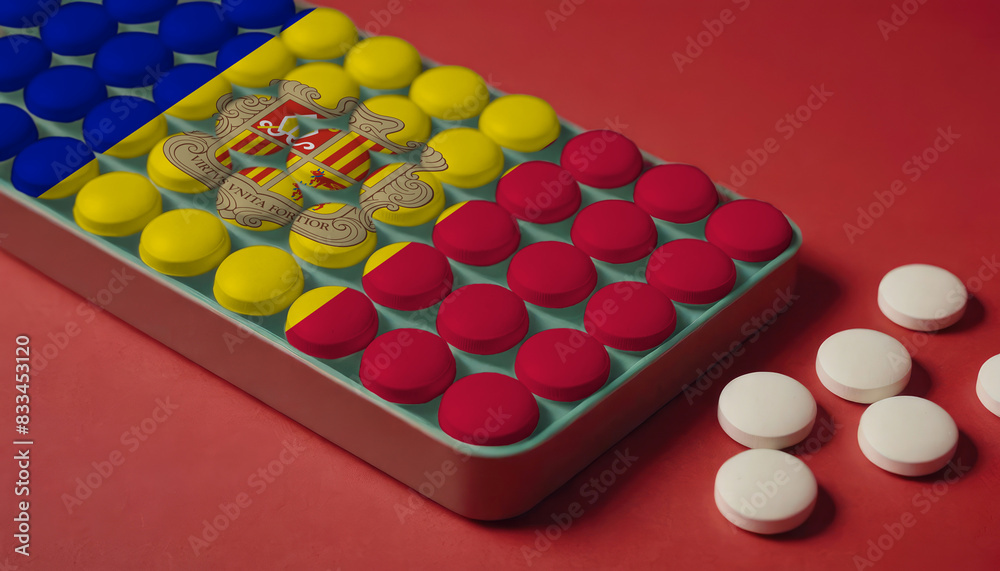 A tray of pills decorated with the Andorra flag design sits on a red background, symbolizing healthcare and medicine in the Andorra