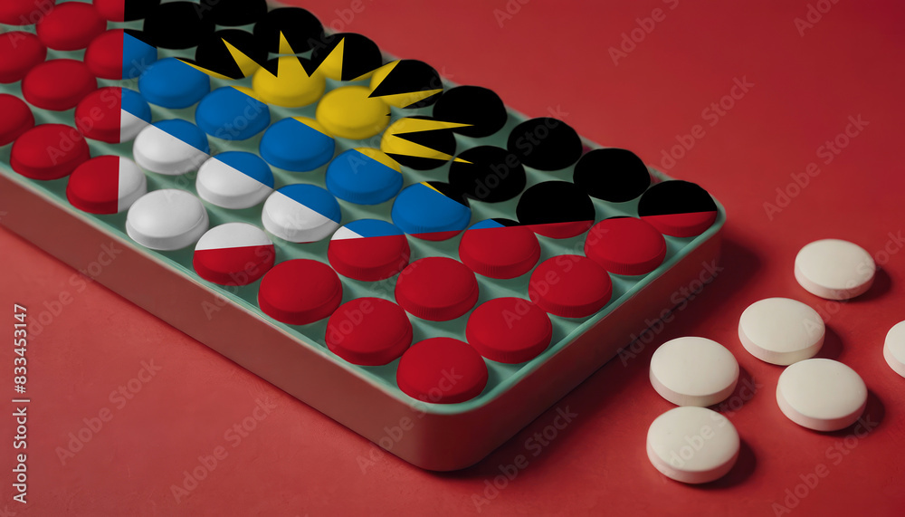 A tray of pills decorated with the Antigua and Barbuda flag design sits on a red background, symbolizing healthcare and medicine in the Antigua and Barbuda A tray of pills decorated with the Antigua and Barbuda flag design sits on a red background, symbolizing healthcare and medicine in the Antigua and Barbuda
