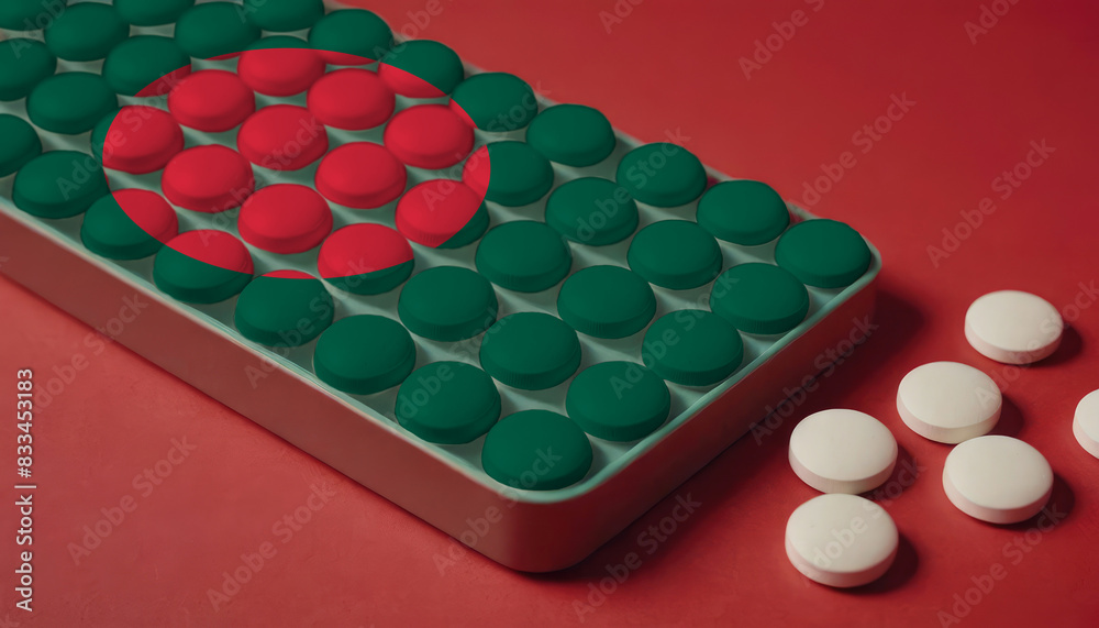 A tray of pills decorated with the Bangladesh flag design sits on a red background, symbolizing healthcare and medicine in the Bangladesh A tray of pills decorated with the Bangladesh flag design sits on a red background, symbolizing healthcare and medicine in the Bangladesh
