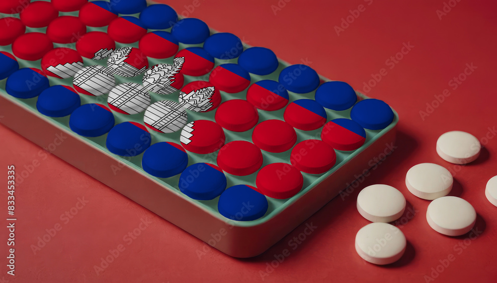 A tray of pills decorated with the Cambodia flag design sits on a red background, symbolizing healthcare and medicine in the Cambodia A tray of pills decorated with the Cambodia flag design sits on a red background, symbolizing healthcare and medicine in the Cambodia