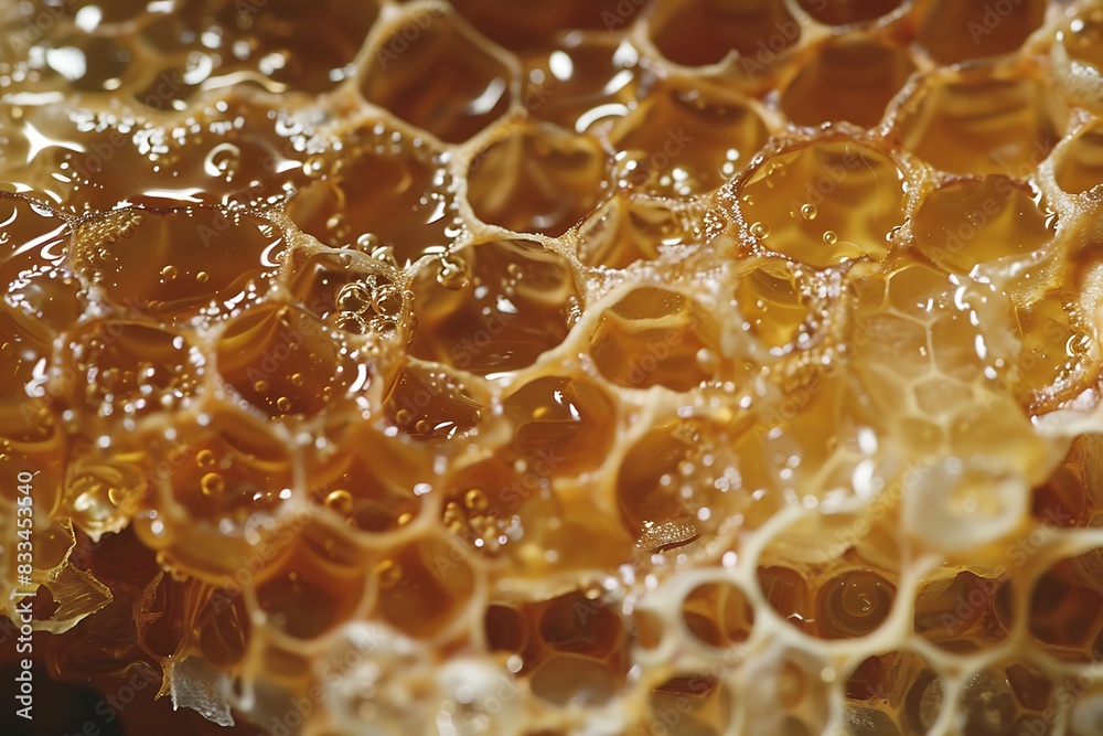 A macro view of the glistening honeycomb filled with honey