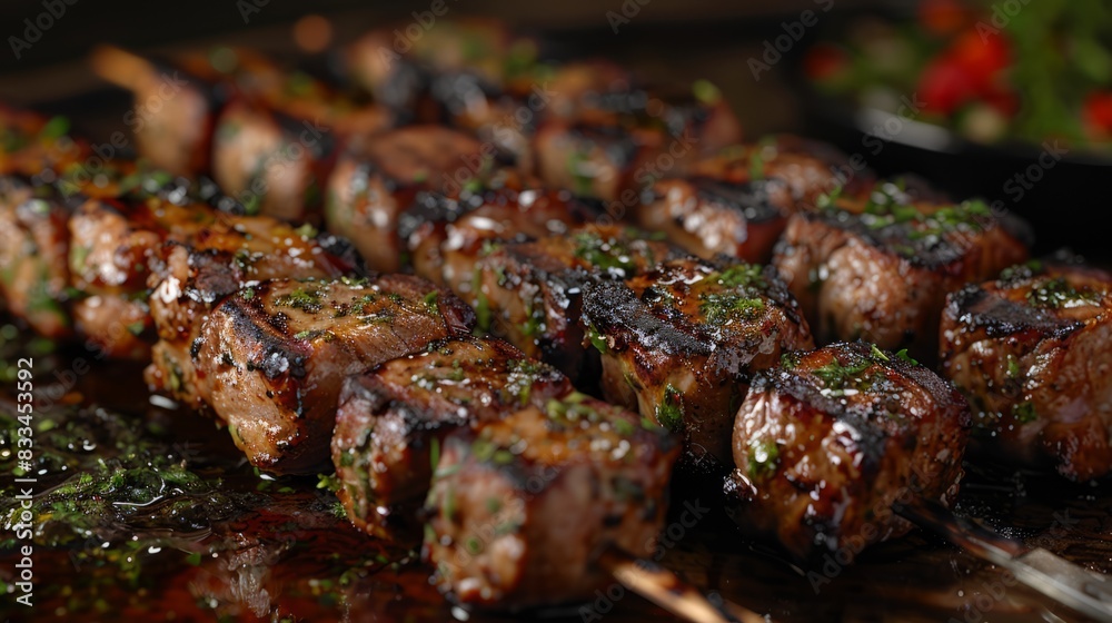 Grilled meat on skewers on a wooden table, close-up Grilled meat on skewers on a wooden table, close-up