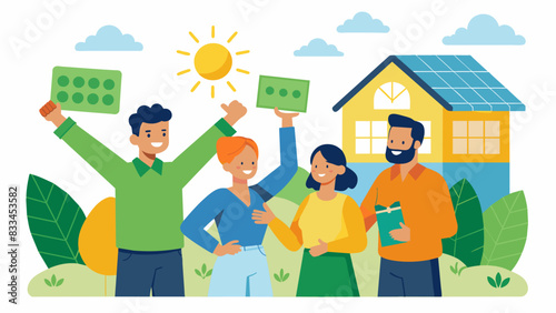 A group of homeowners sharing their monthly savings on energy bills thanks to the community solar project making renewable energy accessible and. Vector illustration