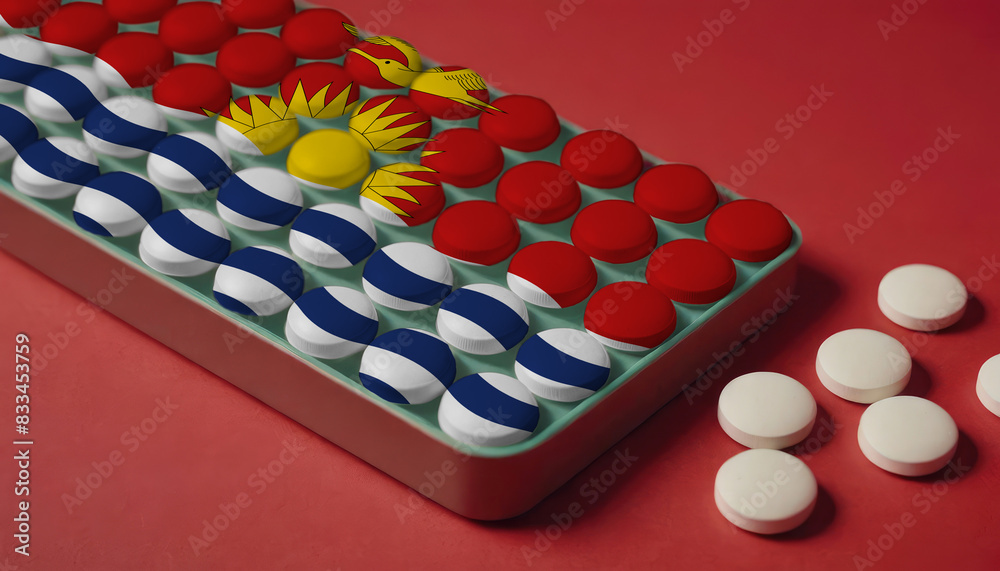 A tray of pills decorated with the Kiribati flag design sits on a red background, symbolizing healthcare and medicine in the Kiribati A tray of pills decorated with the Kiribati flag design sits on a red background, symbolizing healthcare and medicine in the Kiribati