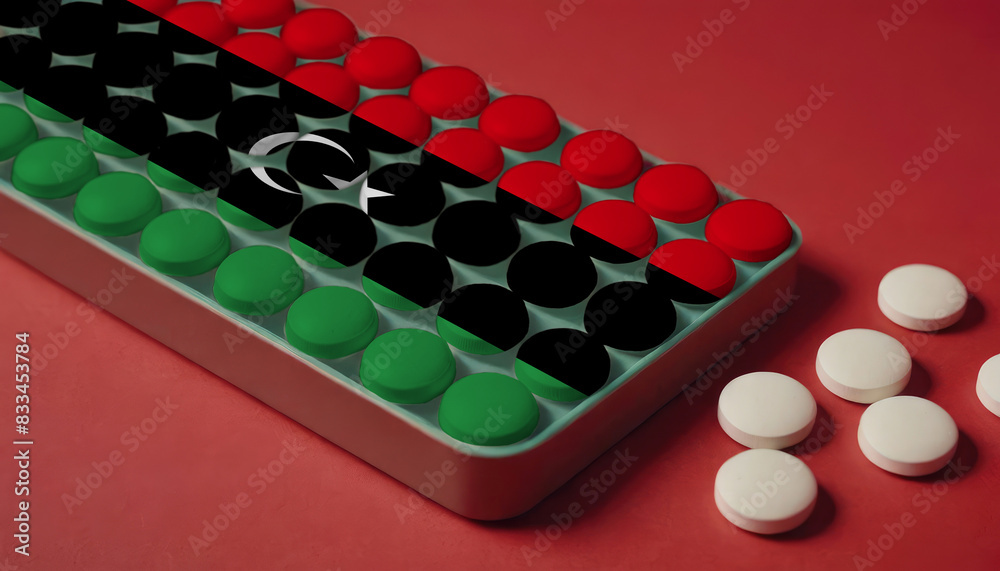 A tray of pills decorated with the Libya flag design sits on a red background, symbolizing healthcare and medicine in the Libya A tray of pills decorated with the Libya flag design sits on a red background, symbolizing healthcare and medicine in the Libya