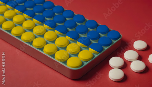 A tray of pills decorated with the Ukraine flag design sits on a red background, symbolizing healthcare and medicine in the Ukraine