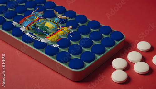 A tray of pills decorated with the New York flag design sits on a red background, symbolizing healthcare and medicine in the New York photo