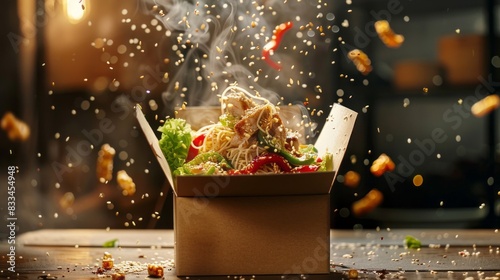 A box of food is being thrown into the air