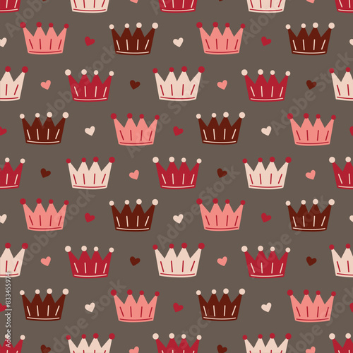 Crowns and Hearts on Taupe Seamless Pattern Design