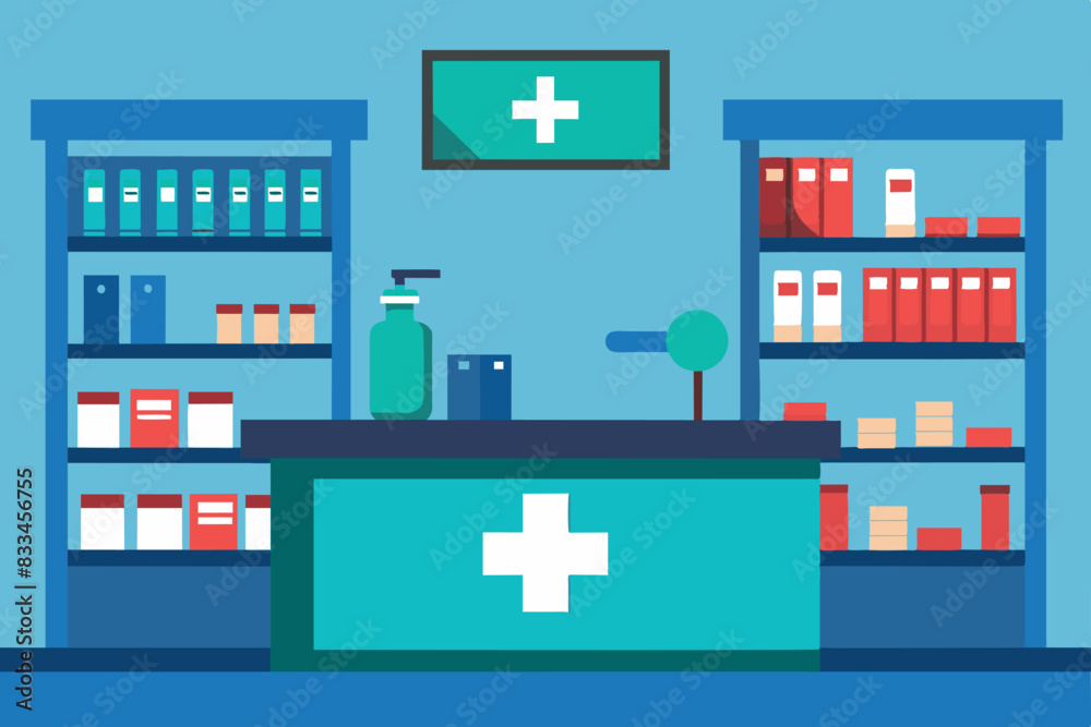 interior of a pharmacy. You can see a counter with a computer and a lamp, shelves on which various medicines are placed, as well as a cross interior of a pharmacy. You can see a counter with a computer and a lamp, shelves on which various medicines are placed, as well as a cross