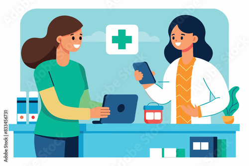 Two people are in a drugstore. One of them is holding a smartphone and a piece of paper, showing or discussing something with another person. The other is standing behind the counter, indicating that 