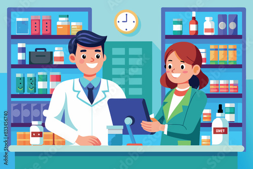 Two people are in a drugstore. One of them is holding a smartphone and a piece of paper, showing or discussing something with another person. The other is standing behind the counter, indicating that 