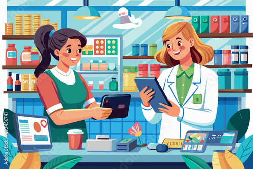 Two people are in a drugstore. One of them is holding a smartphone and a piece of paper, showing or discussing something with another person. The other is standing behind the counter, indicating that 