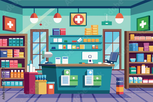 interior of a pharmacy. You can see a counter with a computer and a lamp, shelves on which various medicines are placed, as well as a cross