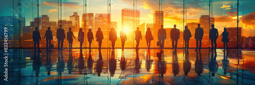 Business team united in front of a cityscape with office towers, symbolizing the success of joint efforts and collaboration. Abstract image reflecting employee teamwork. photo