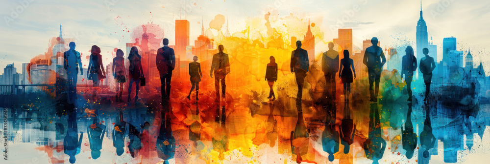 Obraz premium Business team united in front of a cityscape with office towers, symbolizing the success of joint efforts and collaboration. Abstract image reflecting employee teamwork.