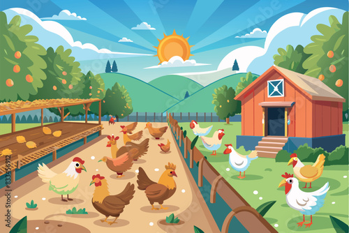 A rural scene with an emphasis on poultry farming. Chickens, chicks and poultry graze in a chicken coop. The background shows elevated hills, trees with ripe fruit