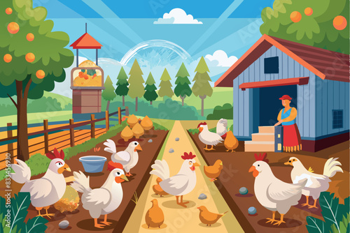 A rural scene with an emphasis on poultry farming. Chickens, chicks and poultry graze in a chicken coop. The background shows elevated hills, trees with ripe fruit