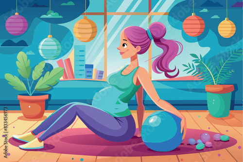 A pregnant woman exercising with a fitness ball. She is standing in profile, leaning back and leaning on it. sports for expectant mothers or safe workouts.