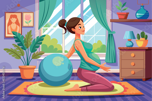 A pregnant woman exercising with a fitness ball. She is standing in profile, leaning back and leaning on it. sports for expectant mothers or safe workouts.