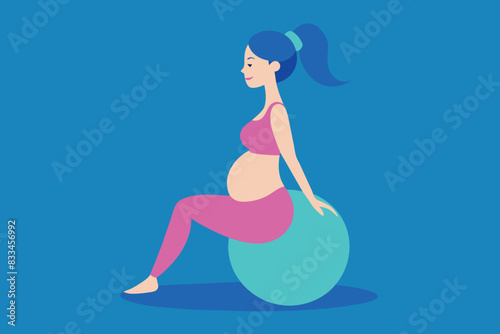 A pregnant woman exercising with a fitness ball. She is standing in profile, leaning back and leaning on it. sports for expectant mothers or safe workouts.