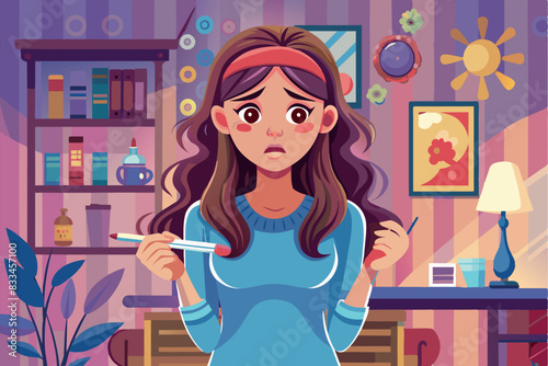 girl holding a positive pregnancy test in her hand, upset. unwanted pregnancy.