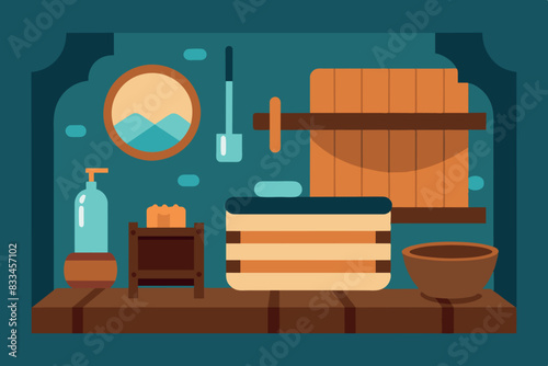 The interior of a wooden bathhouse. It has a table with a tablecloth, a wooden barrel, fruit baskets, jars on shelves, towels and an open door. An atmosphere of cleanliness and health