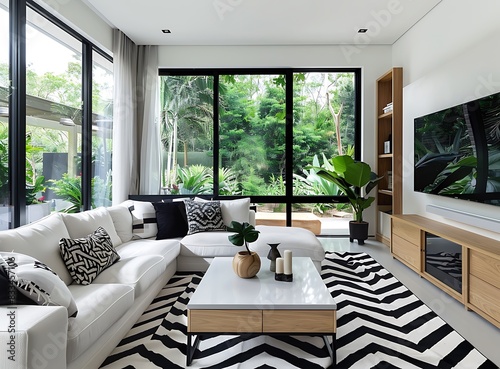 A photo of an Australian living room with modern design  featuring black and white chevron pattern carpeting  comfortable sofas  a coffee table in the center  TV on wall shelf