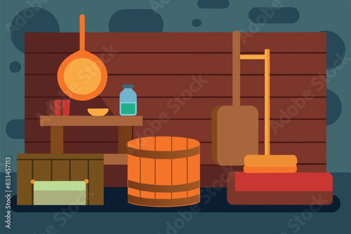 The interior of a wooden bathhouse. It has a table with a tablecloth, a wooden barrel, fruit baskets, jars on shelves, towels and an open door. An atmosphere of cleanliness and health