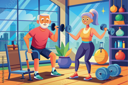  two shabby men at the gym. healthy living in old age.