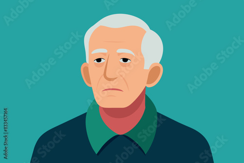 an old man with a blank, expressionless face. This man's face is white and his hair is white. He wears a sweater with a collar.