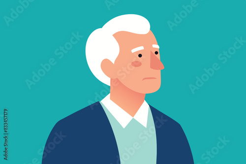 an old man with a blank, expressionless face. This man's face is white and his hair is white. He wears a sweater with a collar.