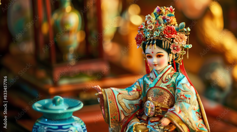 Beautiful Chinese gilr doll with national costume in a studio, AI generative Beautiful Chinese gilr doll with national costume in a studio, AI generative