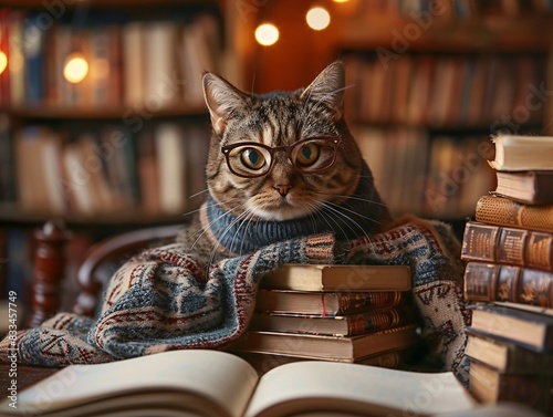 Wallpaper Mural Whiskered Librarian: American Shorthair Cat in Cozy Book Nook Torontodigital.ca