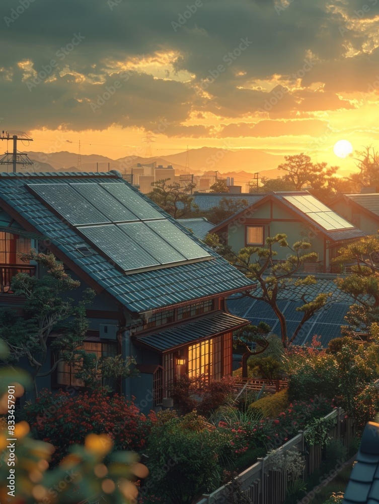 Obraz premium Sunset view of suburban houses with solar panels on rooftops, surrounded by lush greenery and a beautiful sky backdrop.