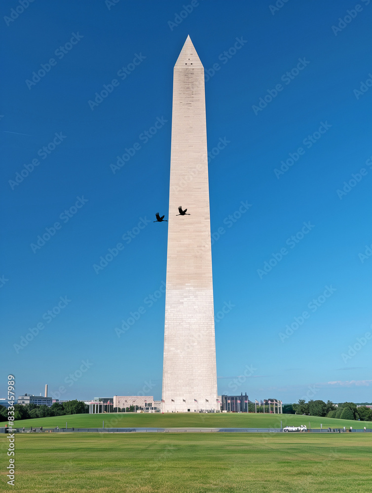 High tower of white Washington monument on grass hill with blue sky background, AI generative