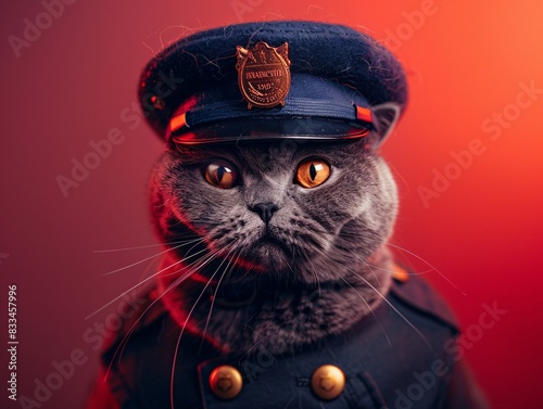 Proud British Shorthair Cat Police Officer in Front of Police Station Backdrop