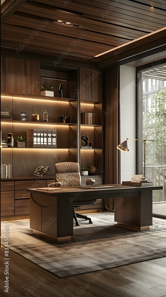 Modern Interior Design Office Desk with Wooden Shelves and a View Modern Interior Design Office Desk with Wooden Shelves and a View