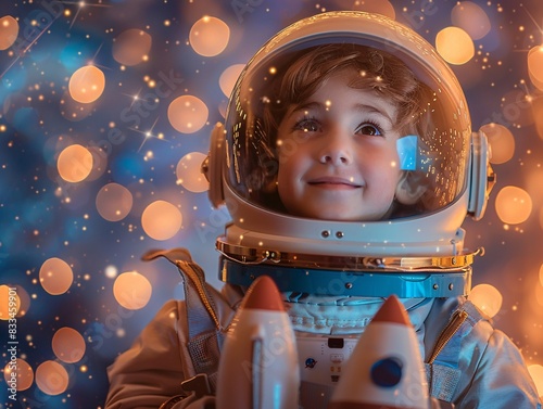 Young Astronaut Dreamer Holding Toy Rocket in Studio Space Adventure