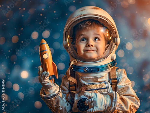 Young Astronaut Dreamer with Toy Rocket in Studio against Starry Night Sky Background