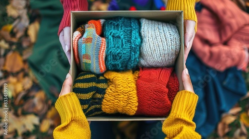 a volunteer holds a box of things. Selective focus