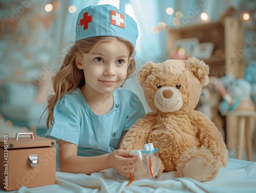 Compassionate Young Girl Roleplaying as Nurse with Teddy Bear Patient in Studio Setting