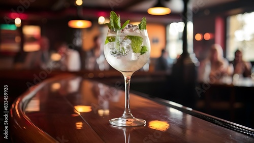 tonic alcoholic cocktail with ice and mint. Cocktail drinks served at restaurant, pub or bar