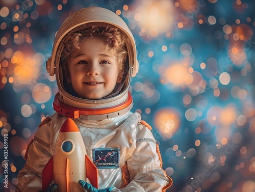Young Astronaut Dreamer in Toy Rocket Exploration - Portrait of Smiling Boy in Space Suit Against Starry Night Sky