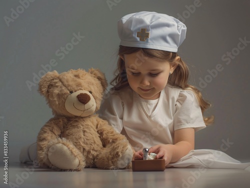 Young Girl Playing Nurse with Teddy Bear Patient in Studio Setting with Bright Background