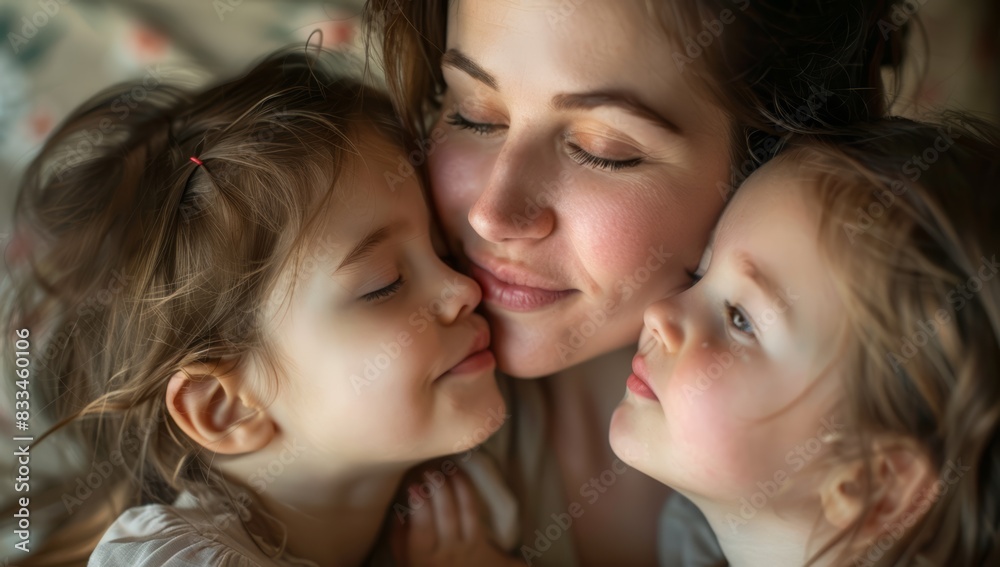 Heartwarming portrait of a happy mother with her two little daughters sharing a joyful, affectionate moment together.