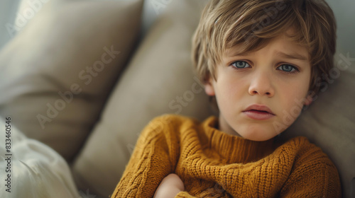 Little boy feeling sad and lonely at home